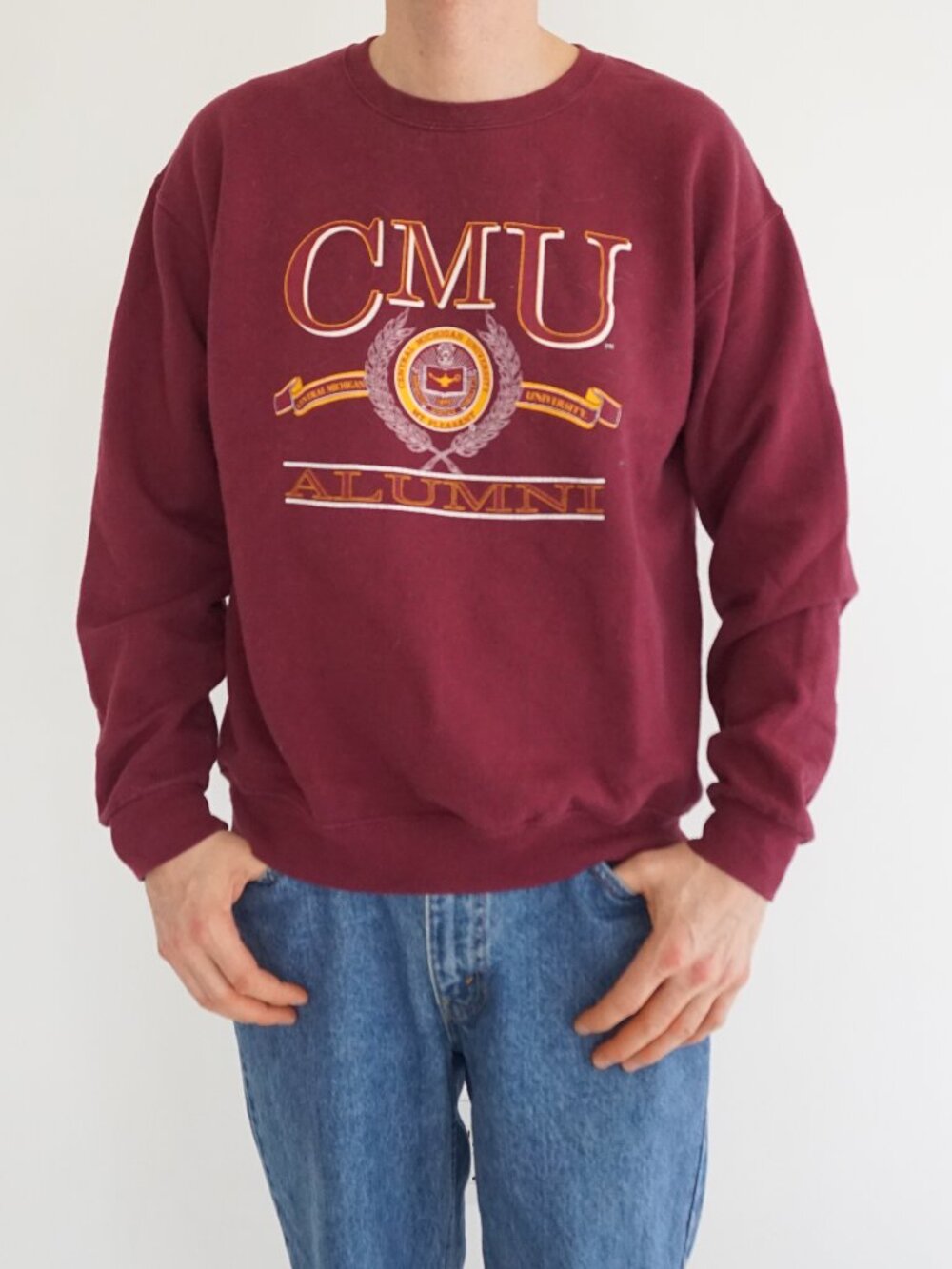 Vintage Jerzees Burgundy CMU Central Michigan University Alumni Crest Sweater M